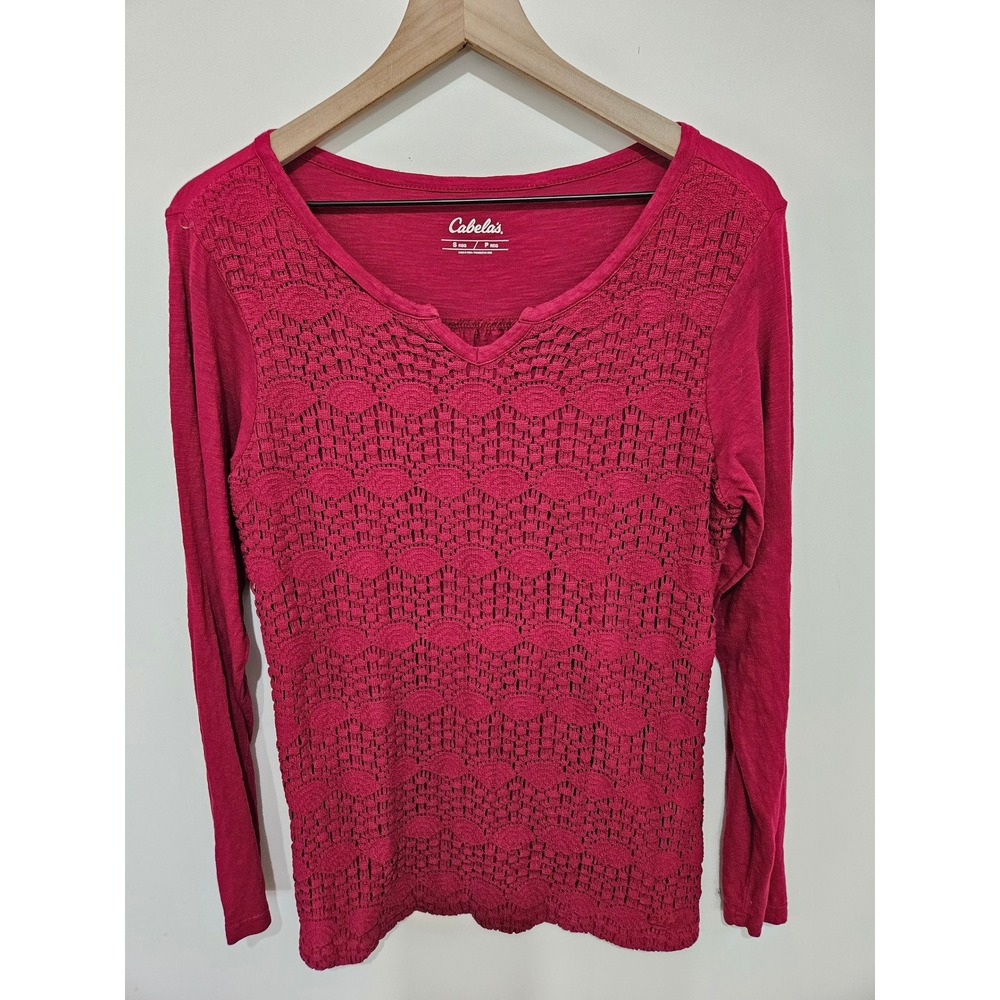 Cabelas Womens Berry Pink Crochet Lace Front Long Sleeve Slub Top Size Small